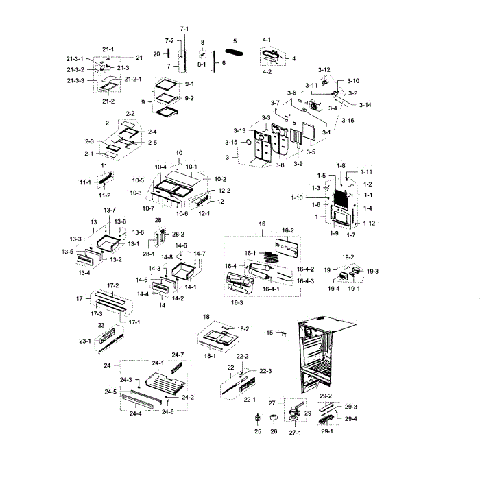 Fridge Diagram and Parts List for RFG237AAWP XAA-05 Samsung Refrigerator