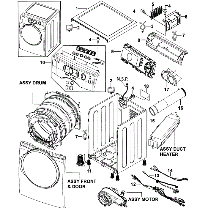 Main Assembly Diagram and Parts List for DV337AEG XAA-00 Samsung Dryer
