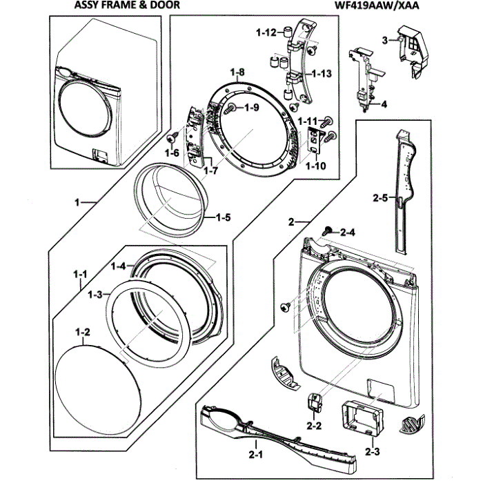 Door Assembly Diagram and Parts List for WF419AAW XAA-00 Samsung Washer