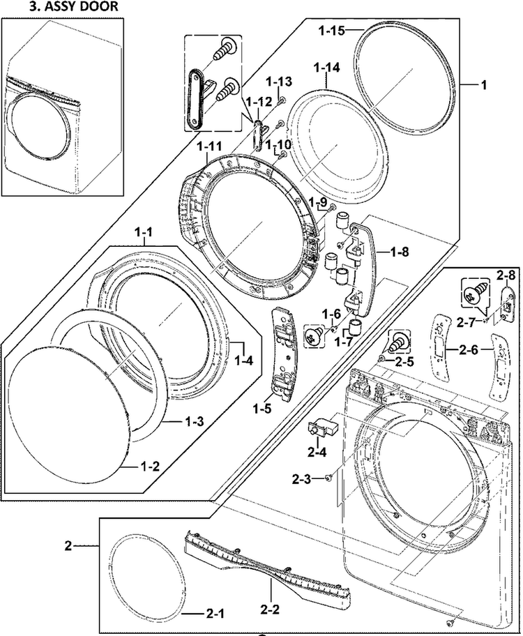 Front Assy Diagram and Parts List for DV409AER XAA-0000 Samsung Dryer