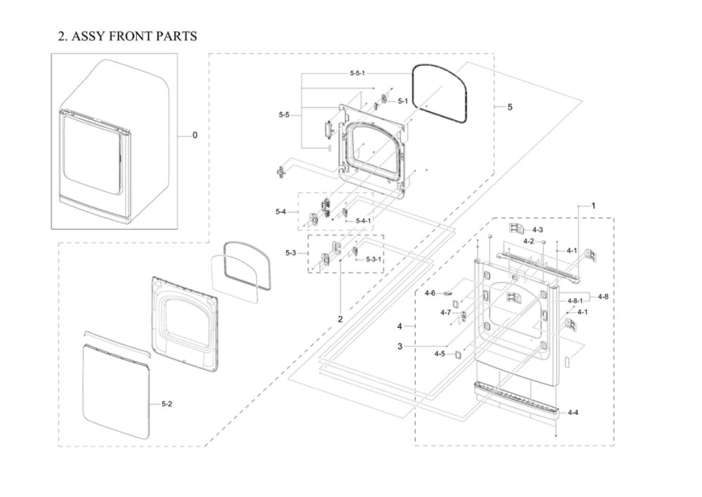 Front Parts Assembly Diagram and Parts List for DVE55A7300E A3-00 Samsung Dryer