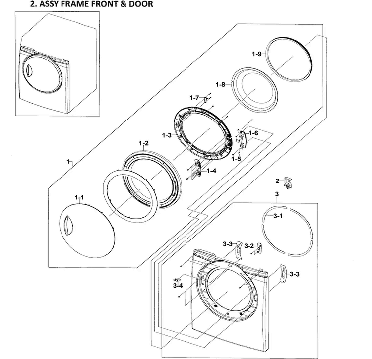 Frame Front And Door Diagram and Parts List for DV218AEW XAA-0001 Samsung Dryer