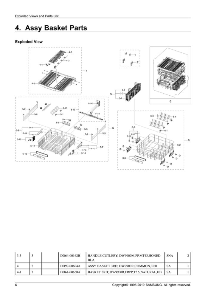 Basket Parts Assembly Diagram and Parts List for DW80R9950UG AA-01 Samsung Dishwasher