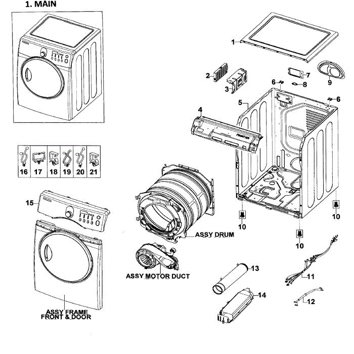 Main Assembly Diagram and Parts List for DV209AEW XAA-01 Samsung Dryer