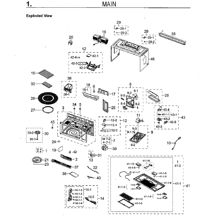 Main Assembly Diagram and Parts List for ME21K6000AS AA-01 Samsung Microwave Oven Combo
