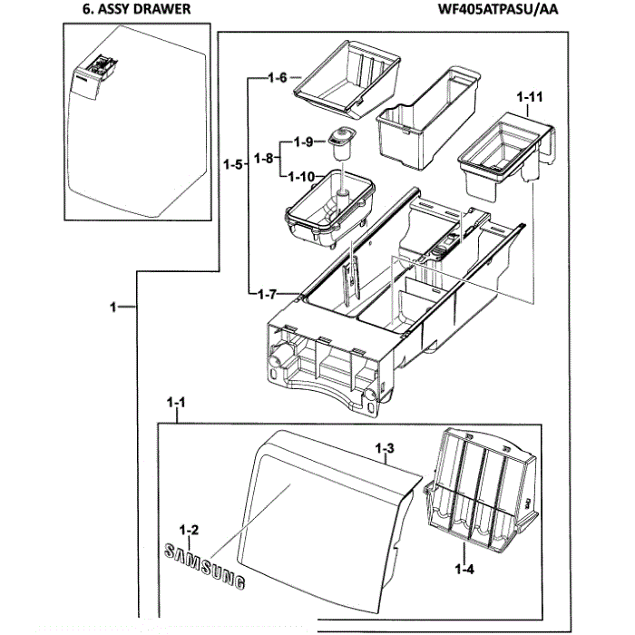 Drawer Assembly Diagram and Parts List for WF405ATPASU AA-00 Samsung Washer