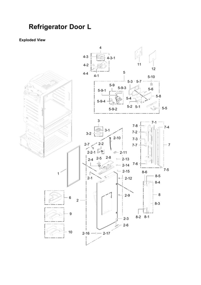 Left Refrigerator Door Parts Diagram and Parts List for RF28JBEDBSR AA-08 Samsung Refrigerator