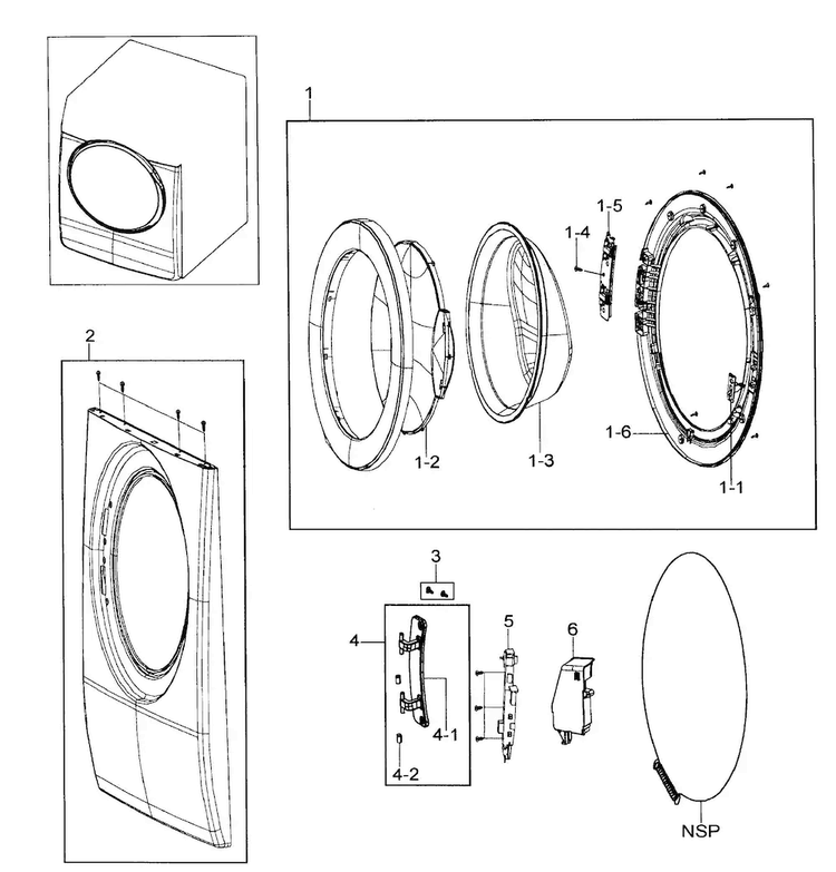Front Assy Diagram and Parts List for WF206ANS XAA-0000 Samsung Washer