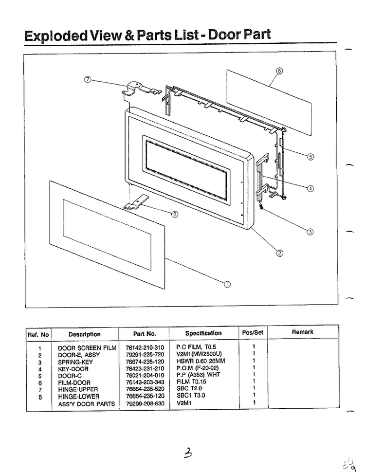 Exploded View And Parts List-door Part Diagram and Parts List for MW2000U XAA Samsung Microwave
