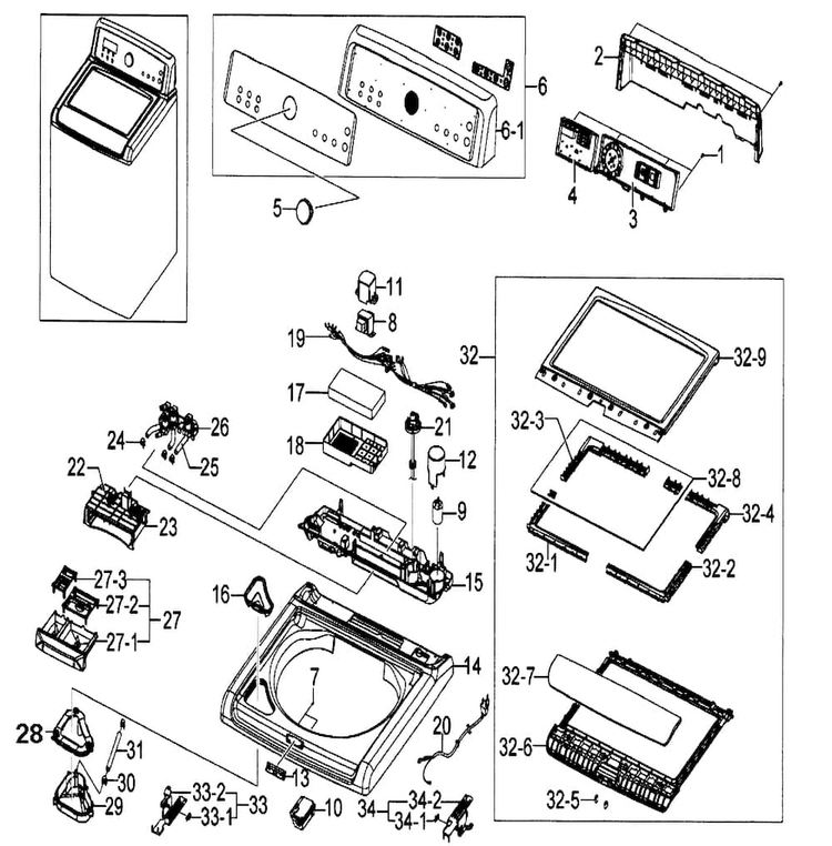 Control Panel Diagram and Parts List for WA5471ABP XAA-0000 Samsung Washer