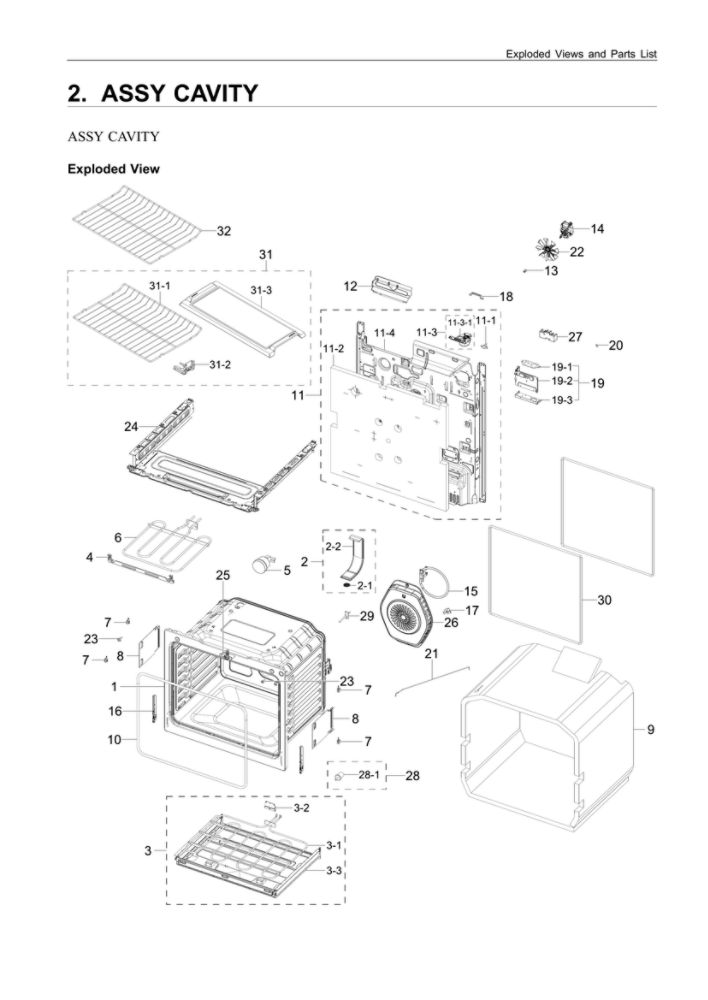 Cavity Assembly Diagram and Parts List for NE63A6711SS AA-00 Samsung Range