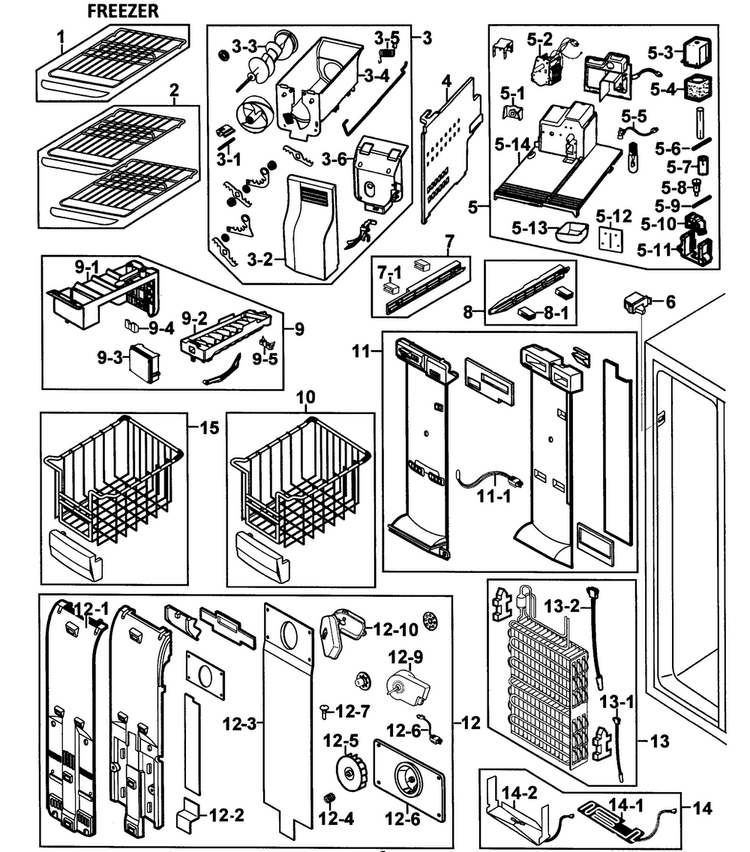 Freezer Diagram and Parts List for RS265LBWP XAA-0000 Samsung Refrigerator