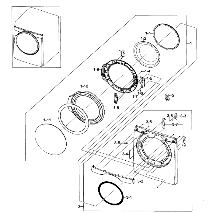 Front / Door Assembly Diagram and Parts List for DV448AEE XAA-01 Samsung Dryer