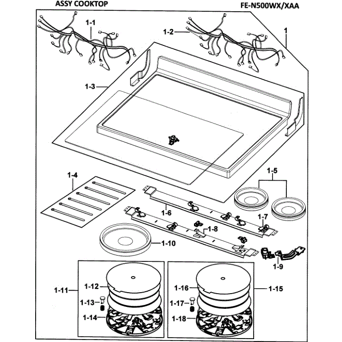 Cooktop Assembly Diagram and Parts List for FE-N500WX XAA-00 Samsung Range