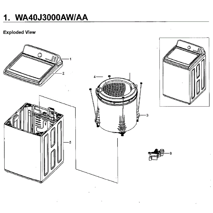 Main Assembly Diagram and Parts List for WA40J3000AW AA-12 Samsung Washer