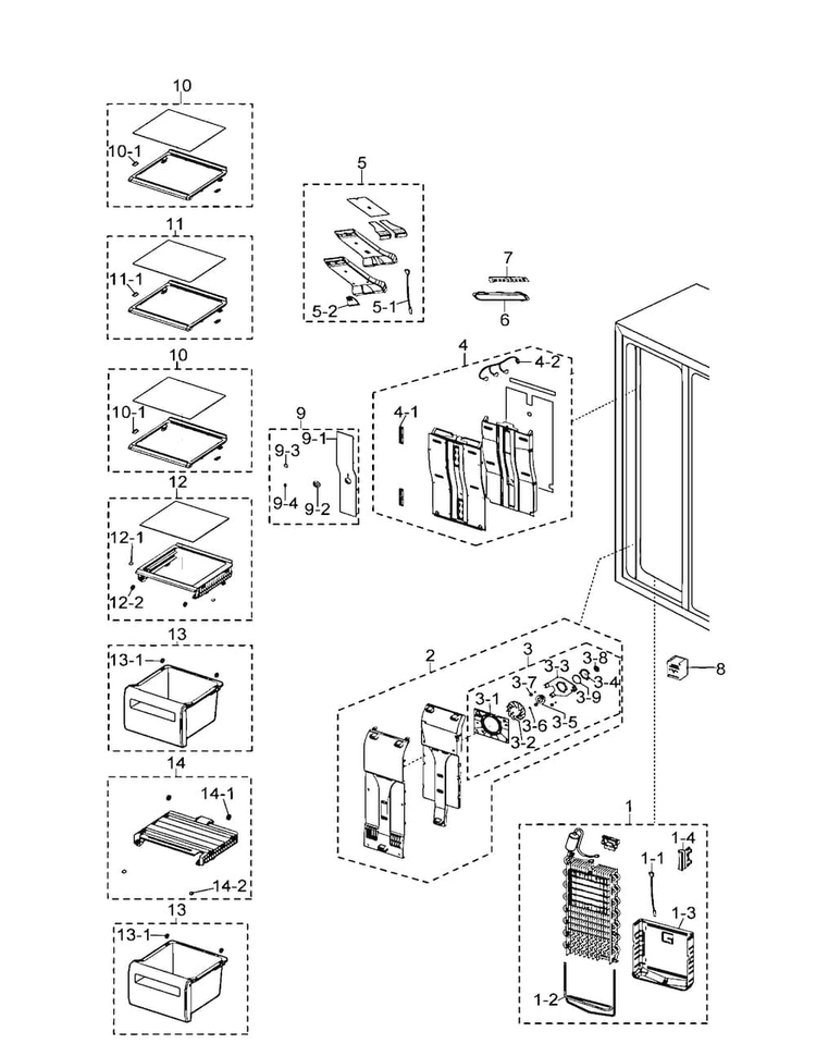 Freezer Diagram and Parts List for RSG257AARS XAA-0000 Samsung Refrigerator