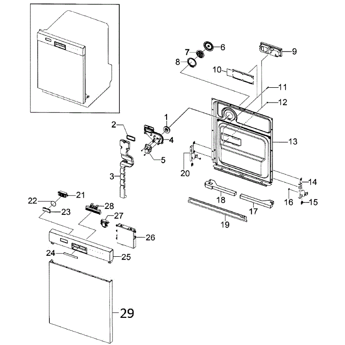 Door Assembly Diagram and Parts List for DMR57LFB XAA-00 Samsung Dishwasher
