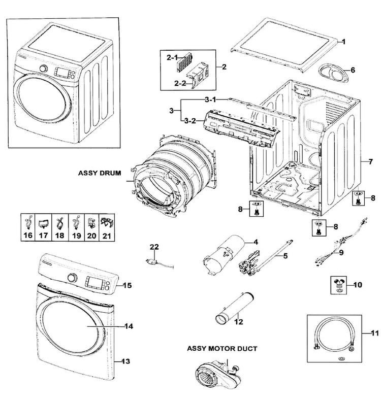 Main Assy Diagram and Parts List for DV511AGW XAA-0001 Samsung Dryer