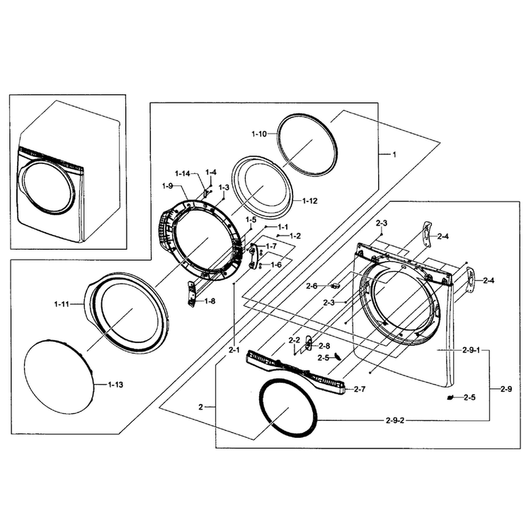 Front Asy Diagram and Parts List for DV431AEW XAA-002 Samsung Dryer