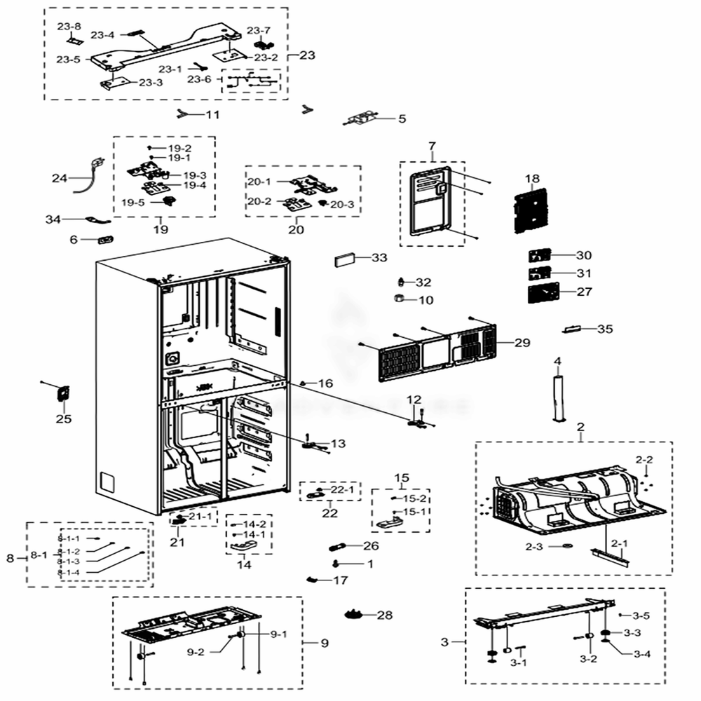 Cabinet 1 Diagram and Parts List for RF22K9381SR (AA)(0005) Samsung Refrigerator