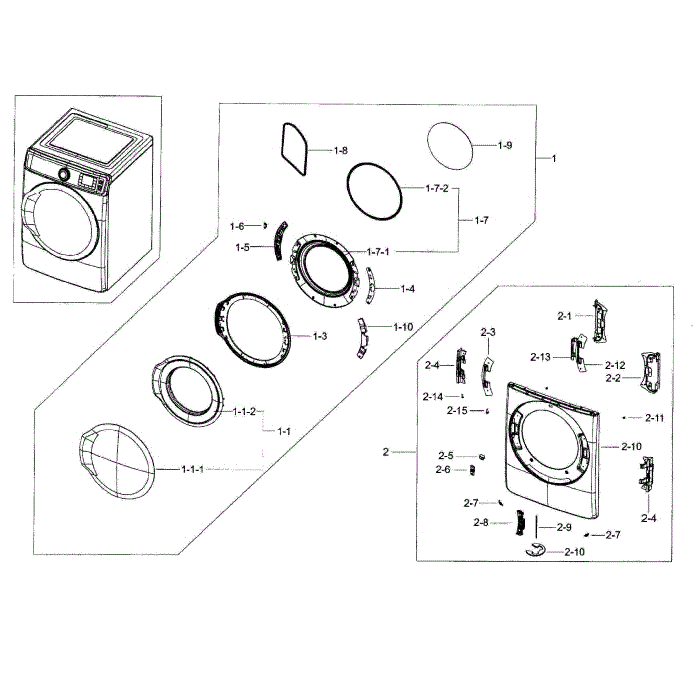 Frame Front And Door Diagram and Parts List for DV56H9100GW A2-00 Samsung Dryer