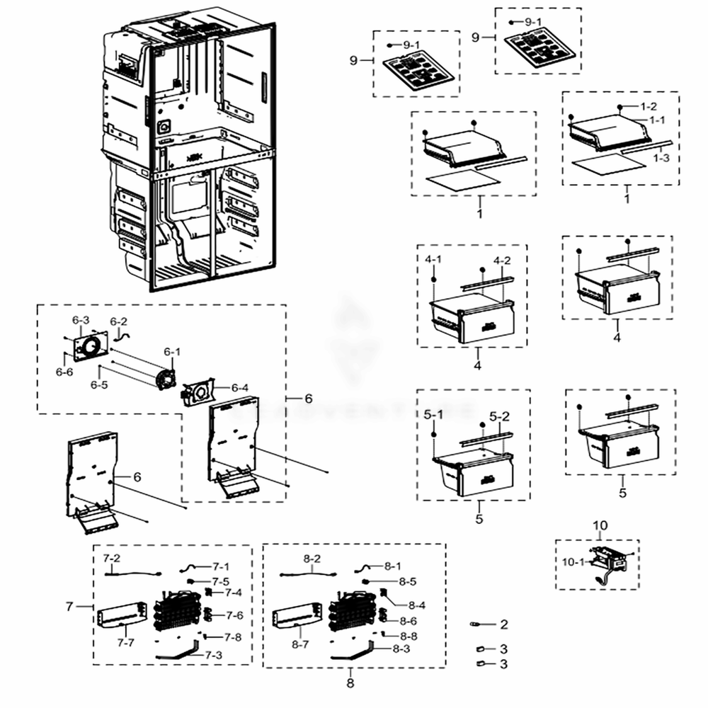 Freezer Diagram and Parts List for RF22K9381SR (AA)(0005) Samsung Refrigerator