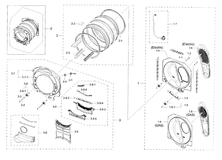Drum Diagram and Parts List for DV42H5200GF A3-0000 Samsung Dryer