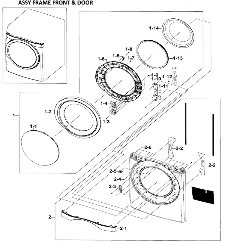 Front/door Assy Diagram and Parts List for DV520AEW XAA-0002 Samsung Dryer