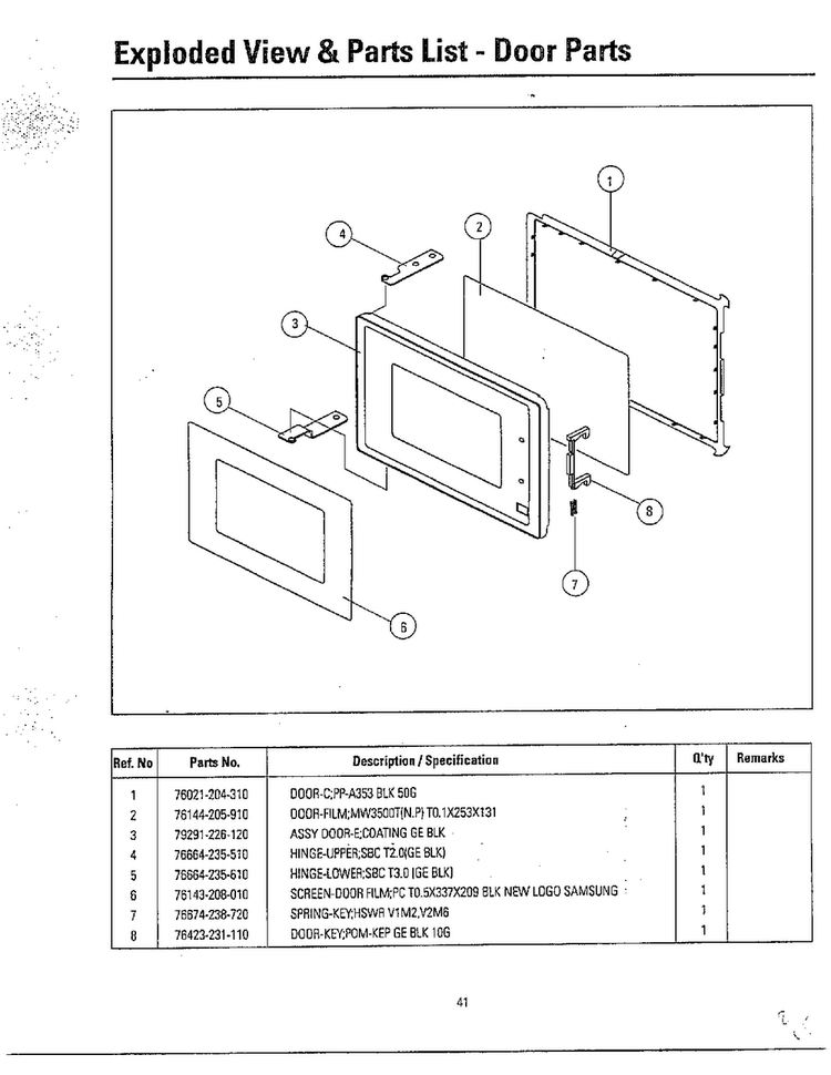 Door Parts Diagram and Parts List for MW3580T XAA Samsung Microwave