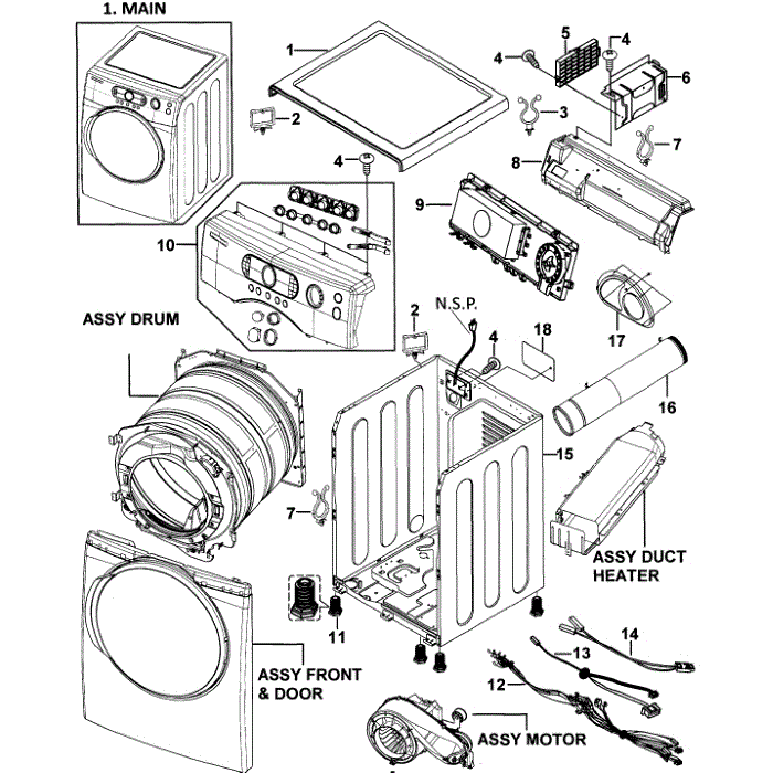 Main Assembly Diagram and Parts List for DV337AER XAA-00 Samsung Dryer