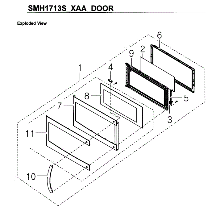 Door Diagram and Parts List for SMH1713S XAA-01 Samsung Microwave Oven Combo