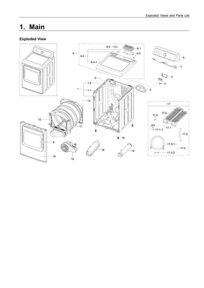 Main Assembly Diagram and Parts List for DV5451AEW XAA-03 Samsung Dryer