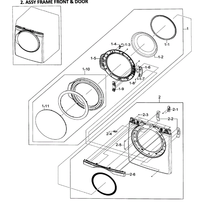 Front / Door Assembly Diagram and Parts List for DV419AEW XAA-02 Samsung Dryer