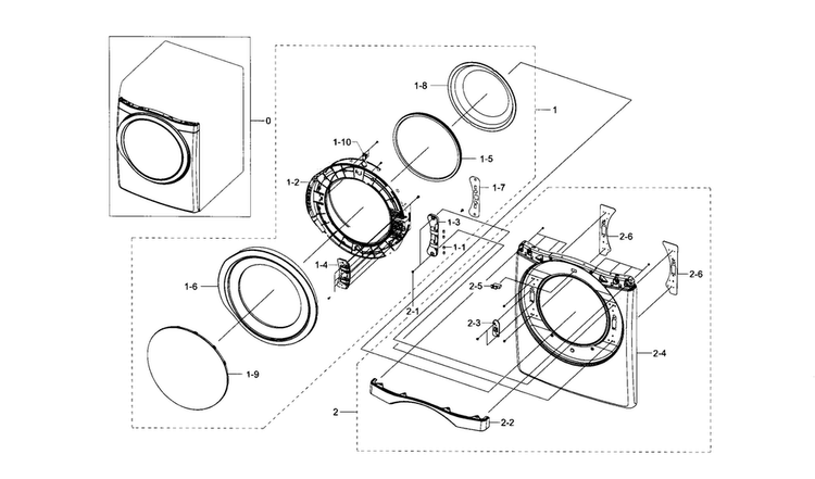 Frame Front & Door Diagram and Parts List for DV433ETGJWR A1-0000 Samsung Dryer