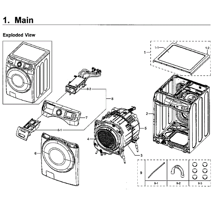 Main Assembly Diagram and Parts List for WF45M5500AW A5-00 Samsung Washer