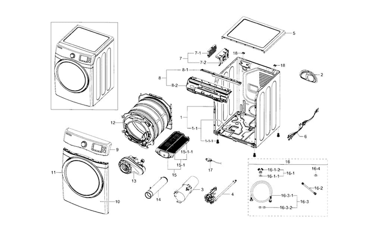 Main Assy Diagram and Parts List for DV433ETGJWR A1-0000 Samsung Dryer