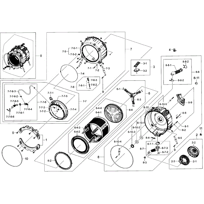 Tub / Drum Assembly Diagram and Parts List for WF393BTPAWR A2-00 Samsung Washer