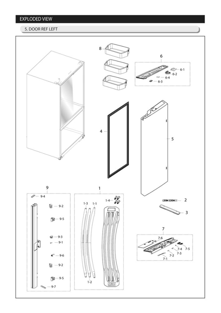 Left Refrigerator Door Parts Diagram and Parts List for RF261BEAESR AA-06 Samsung Refrigerator