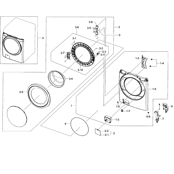 Front Section Diagram and Parts List for WF45H6300AG A2-01 Samsung Washer
