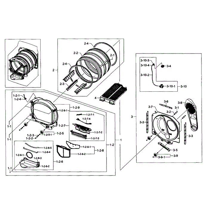 Drum Assembly Diagram and Parts List for DV484GTHAWR A1-01 Samsung Dryer