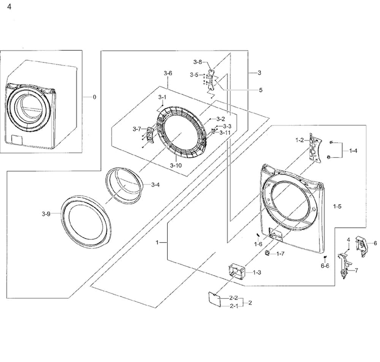 Frame Front & Door Diagram and Parts List for WF42H5200AW A2-0001 Samsung Washer