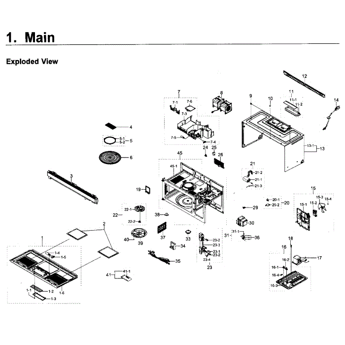 Main Assembly Diagram and Parts List for SMH1611B XAA-00 Samsung Microwave Oven Combo