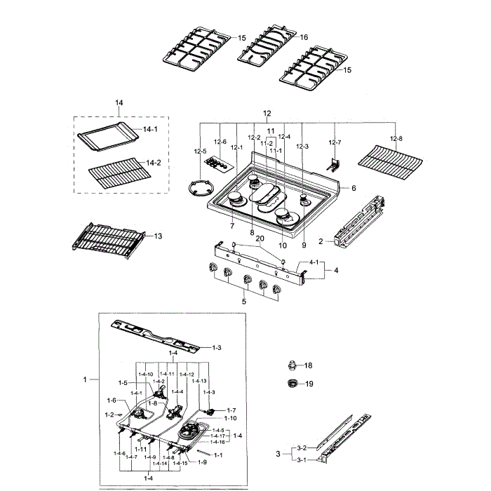 Cook Top Diagram and Parts List for NX58F5700WS AA-01 Samsung Range