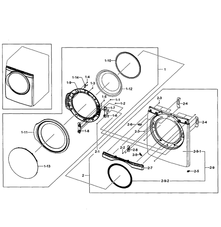 Front Assy Diagram and Parts List for DV431AEP XAA-0002 Samsung Dryer