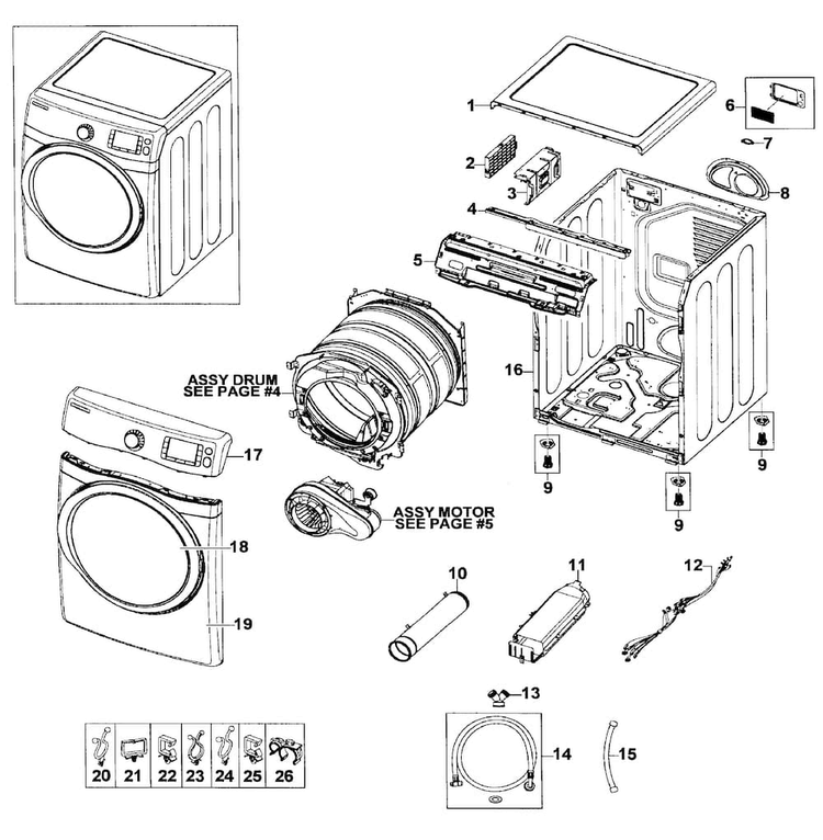 Main Assy Diagram and Parts List for DV520AEP XAA-0000 Samsung Dryer