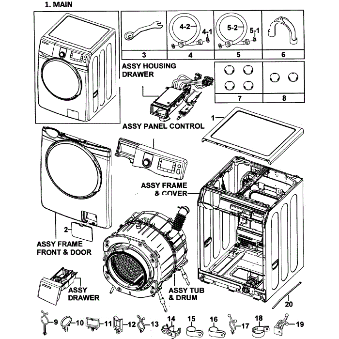 Main Assembly Diagram and Parts List for WF419AAU XAA-00 Samsung Washer