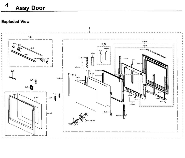Door Asy Diagram and Parts List for NV51K7770DS AA-0000 Samsung Wall Oven