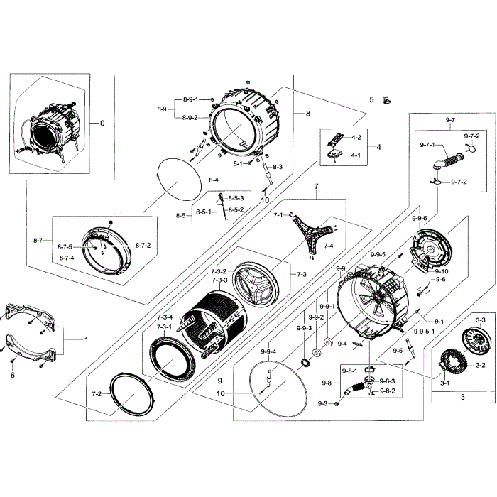 Tub / Drum Section Diagram and Parts List for WF45H6300AW A2-01 Samsung Washer