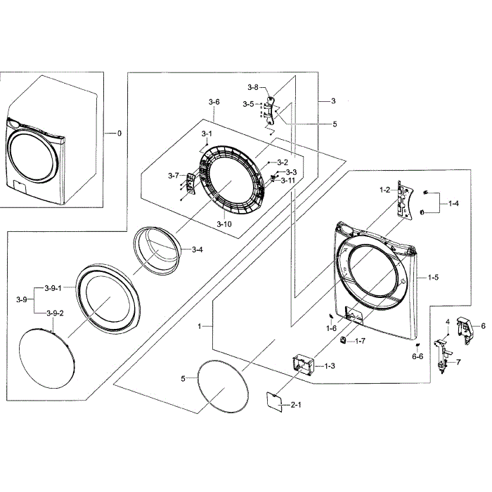 Frame Front And Door Diagram and Parts List for WF42H5400AF A2-00 Samsung Washer