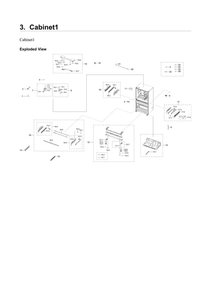 Cabinet 1 Diagram and Parts List for RF24R7201SR AA-02 Samsung Refrigerator